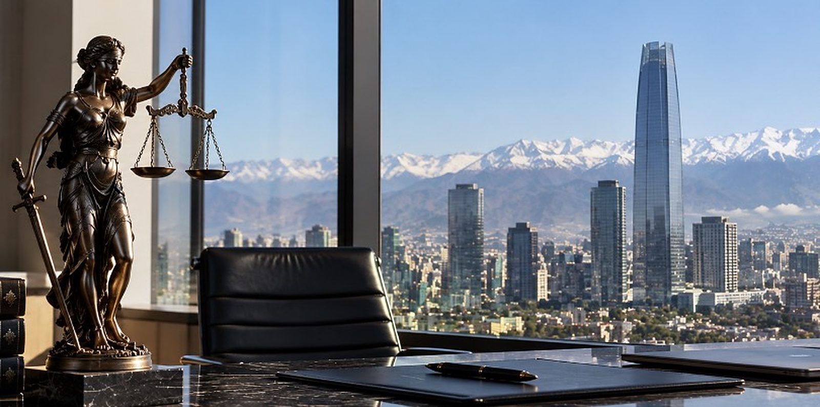 Escritorio de una oficina jurídica con una estatua de la justicia y vista panorámica a Santiago y la Cordillera de los Andes
