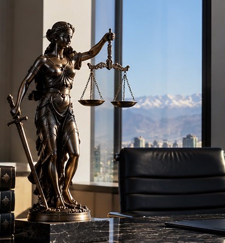 Estatua de la justicia sobre un escritorio, con la Cordillera de los Andes al fondo